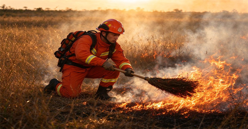 Wildland firefighter wearing orange protective suit with reflective strips kneels on grassland and extinguishes wildfire with fire broom under sunset glow Wildland firefighter wearing orange protective suit with reflective strips kneels on grassland and extinguishes wildfire with fire broom under sunset glow