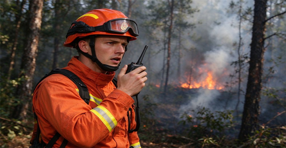 Wildland firefighter in orange suit with reflective strips holds two way radio to communicate amid smoldering forest fire Wildland firefighter in orange suit with reflective strips holds two way radio to communicate amid smoldering forest fire