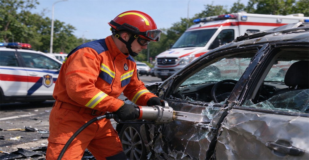 Rescue worker in orange fire rescue suit using hydraulic cutter to extricate victim from damaged car at vehicle accident scene with ambulance Rescue worker in orange fire rescue suit using hydraulic cutter to extricate victim from damaged car at vehicle accident scene with ambulance
