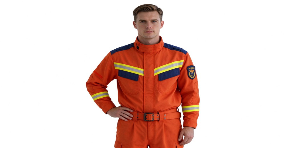 Firefighter in orange fire rescue suit hand on hip pose full body on white background, aramid fabric GA633 certified protective clothing for wholesale Firefighter in orange fire rescue suit hand on hip pose full body on white background, aramid fabric GA633 certified protective clothing for wholesale