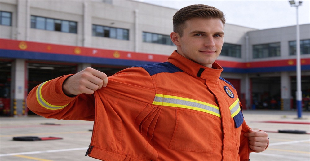Back view of caucasian male firefighter wearing orange fire rescue suit with arms raised, showing ergonomic back pleat design stretch flexibility, outdoor training ground, wholesale technical rescue uniform Back view of caucasian male firefighter wearing orange fire rescue suit with arms raised, showing ergonomic back pleat design stretch flexibility, outdoor training ground, wholesale technical rescue uniform