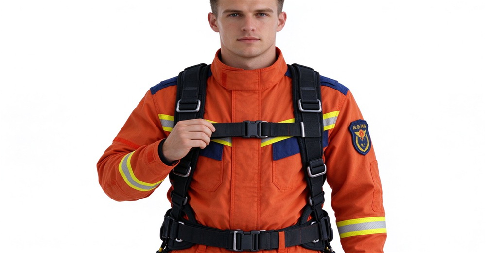 Fire rescue suit harness compatibility demonstration showing chest and waist pass-through slots for technical rescue harness wear, orange aramid protective uniform for wholesale bulk supply Fire rescue suit harness compatibility demonstration showing chest and waist pass-through slots for technical rescue harness wear, orange aramid protective uniform for wholesale bulk supply
