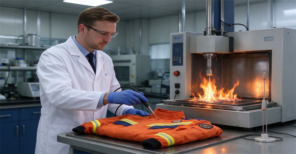Laboratory technician in white coat performing flame resistance test on orange fire rescue suit material using burning test instrument certified protective gear for wholesale bulk supply Laboratory technician in white coat performing flame resistance test on orange fire rescue suit material using burning test instrument certified protective gear for wholesale bulk supply