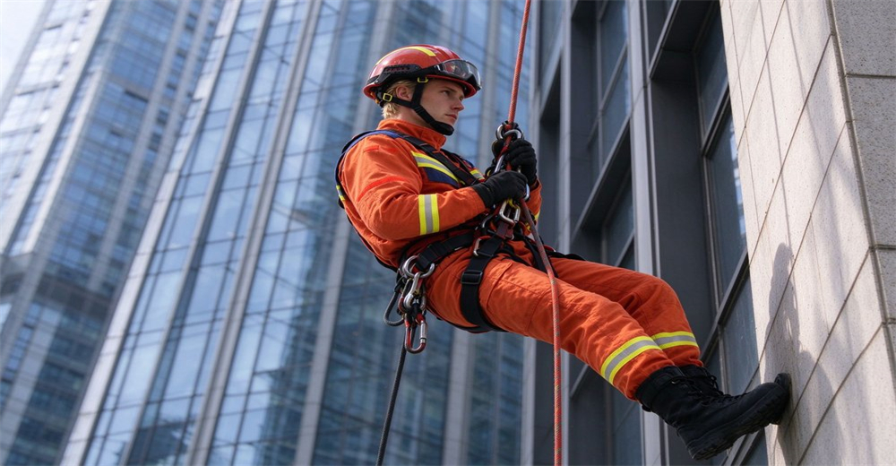 Rescuer wearing protective helmet and climbing harness operates rescue rope during high altitude vertical rescue Rescuer wearing protective helmet and climbing harness operates rescue rope during high altitude vertical rescue