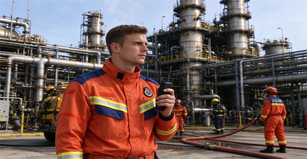 Firefighter in orange fire rescue suit holding radio at industrial chemical plant emergency response scene, technician communication for technical rescue operations Firefighter in orange fire rescue suit holding radio at industrial chemical plant emergency response scene, technician communication for technical rescue operations