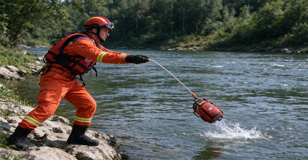 Rescuer in orange suit throws floating rescue bag with throw rope for water rescue operation Rescuer in orange suit throws floating rescue bag with throw rope for water rescue operation
