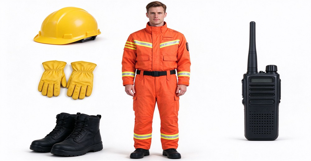 Rescue uniform set including helmet leather gloves safety boots and handheld radio for emergency responseRescue uniform set including helmet leather gloves safety boots and handheld radio for emergency response Rescue uniform set including helmet leather gloves safety boots and handheld radio for emergency responseRescue uniform set including helmet leather gloves safety boots and handheld radio for emergency response