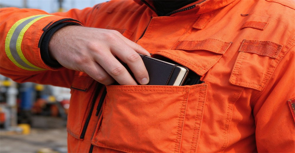Small notebook stored inside large functional chest pocket of orange rescue jacket with reflective strips on sleeve Small notebook stored inside large functional chest pocket of orange rescue jacket with reflective strips on sleeve