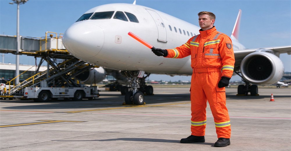 Ground crew wearing orange reflective rescue suit holds signal wand for aircraft guiding at airport apron Ground crew wearing orange reflective rescue suit holds signal wand for aircraft guiding at airport apron