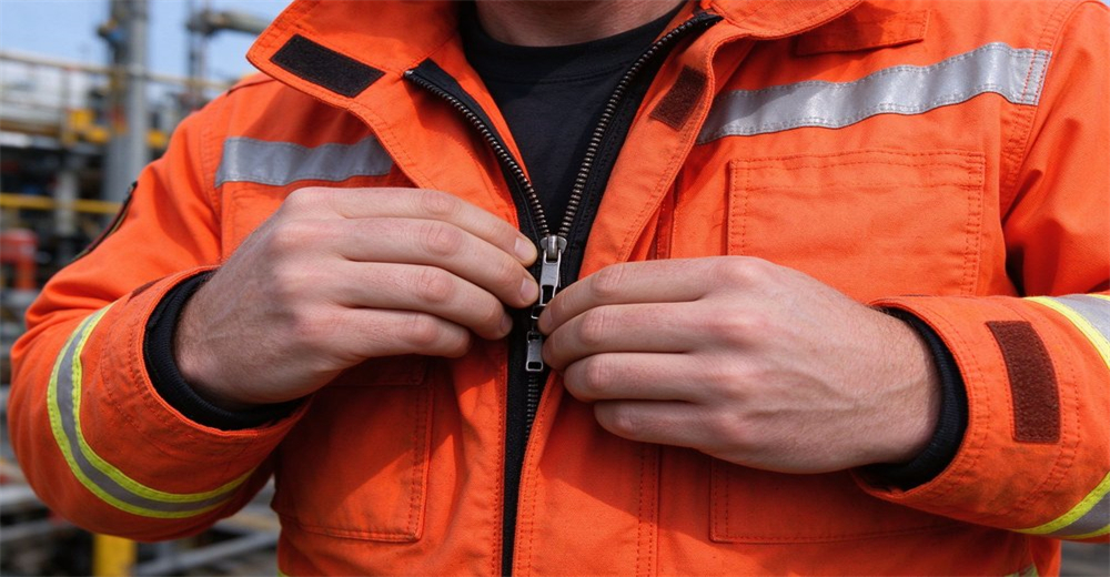 Close up view of dual zipper closure on orange rescue jacket with reflective strips and hook and loop reinforcement Close up view of dual zipper closure on orange rescue jacket with reflective strips and hook and loop reinforcement