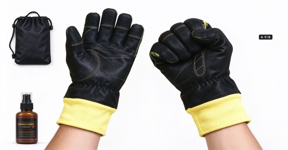 Leather fire rescue gloves with heat resistant lining, showing palm and back structure together with storage bag and care spray Leather fire rescue gloves with heat resistant lining, showing palm and back structure together with storage bag and care spray