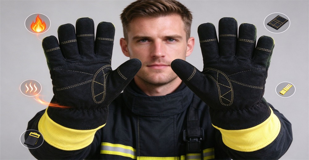 Fire fighting leather gloves with reinforced stitching and flame resistant knit cuff, showing palm and back views with accessory pouch and conditioning spray Fire fighting leather gloves with reinforced stitching and flame resistant knit cuff, showing palm and back views with accessory pouch and conditioning spray