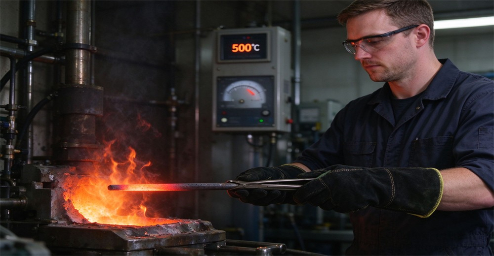 Worker wearing heat resistant protective gloves handling hot metal workpiece beside high temperature furnace Worker wearing heat resistant protective gloves handling hot metal workpiece beside high temperature furnace