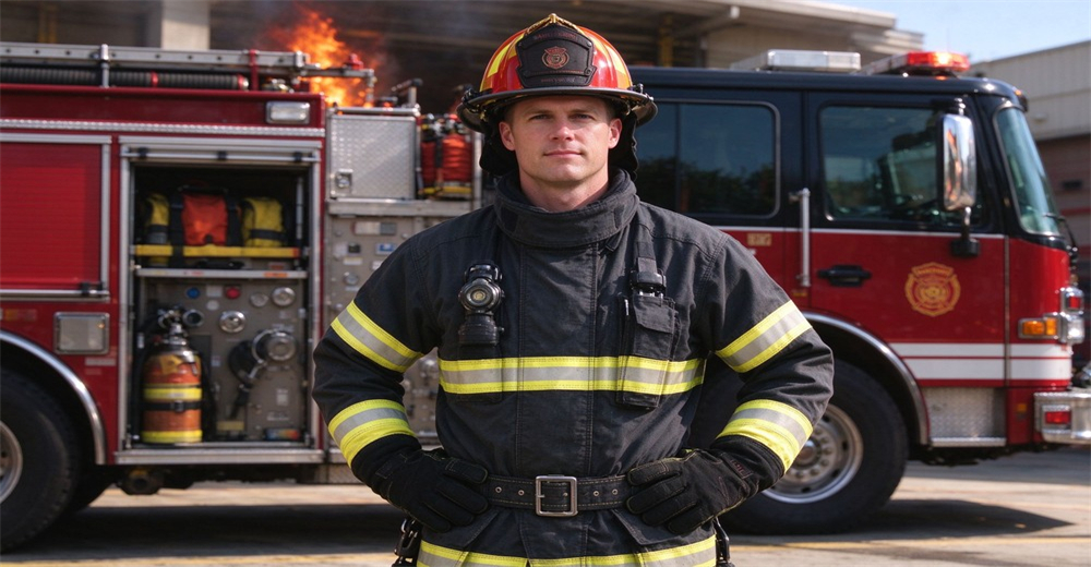 Firefighter wearing fire resistant turnout suit, safety helmet and protective fire gloves standing in front of fire truck Firefighter wearing fire resistant turnout suit, safety helmet and protective fire gloves standing in front of fire truck