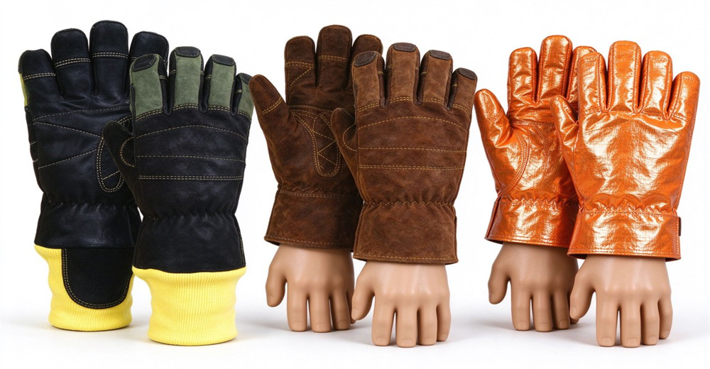 Three pairs of fire protective leather gloves in different colors with reinforced stitching and cut resistant structure Three pairs of fire protective leather gloves in different colors with reinforced stitching and cut resistant structure
