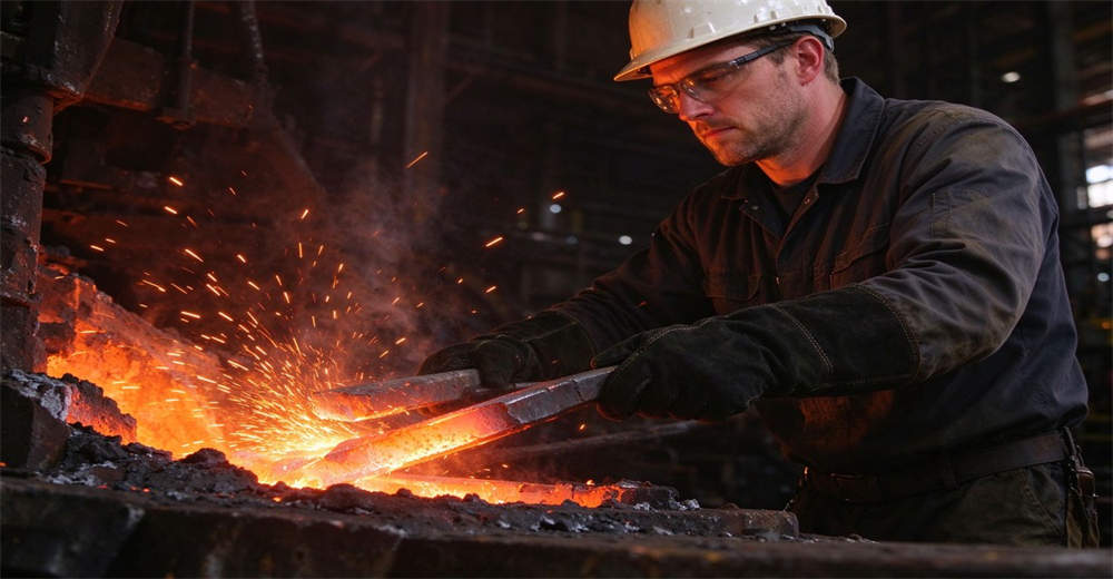 Industrial operator wearing heat resistant gloves and safety helmet gripping hot metal workpiece amid flying sparks Industrial operator wearing heat resistant gloves and safety helmet gripping hot metal workpiece amid flying sparks