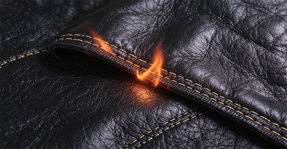 Flame resistance test on black leather fire glove material, small flame contacts stitched seam of protective leather fabric Flame resistance test on black leather fire glove material, small flame contacts stitched seam of protective leather fabric