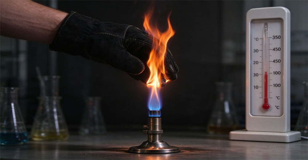 Black fire protective glove under flame resistance test above burner with thermometer beside Black fire protective glove under flame resistance test above burner with thermometer beside