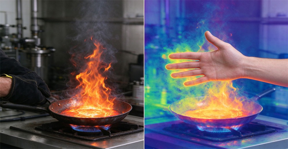 Fire protective glove withstands intense heat from flaming pan during thermal resistance comparison test, with thermal imaging view showing heat distribution on hand Fire protective glove withstands intense heat from flaming pan during thermal resistance comparison test, with thermal imaging view showing heat distribution on hand
