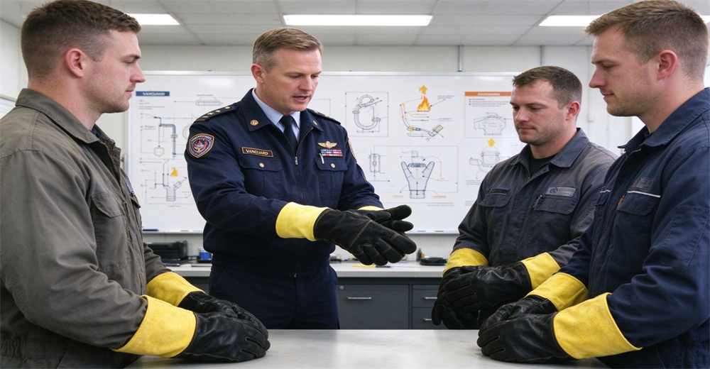 Instructor demonstrates the structure and usage of fire protective gloves to trainees during indoor technical training session Instructor demonstrates the structure and usage of fire protective gloves to trainees during indoor technical training session