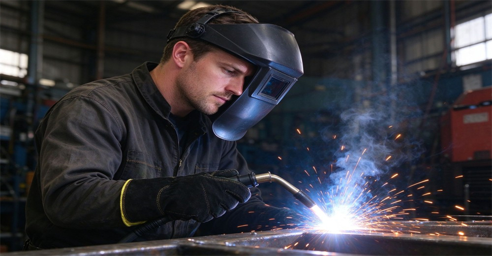 Worker wearing fire protective gloves holds welding torch during welding operation with sparks flying out Worker wearing fire protective gloves holds welding torch during welding operation with sparks flying out
