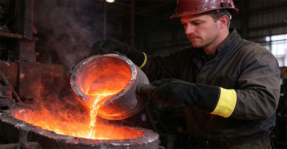 Worker wears fire protective gloves to pour high temperature molten metal in foundry workshop Worker wears fire protective gloves to pour high temperature molten metal in foundry workshop