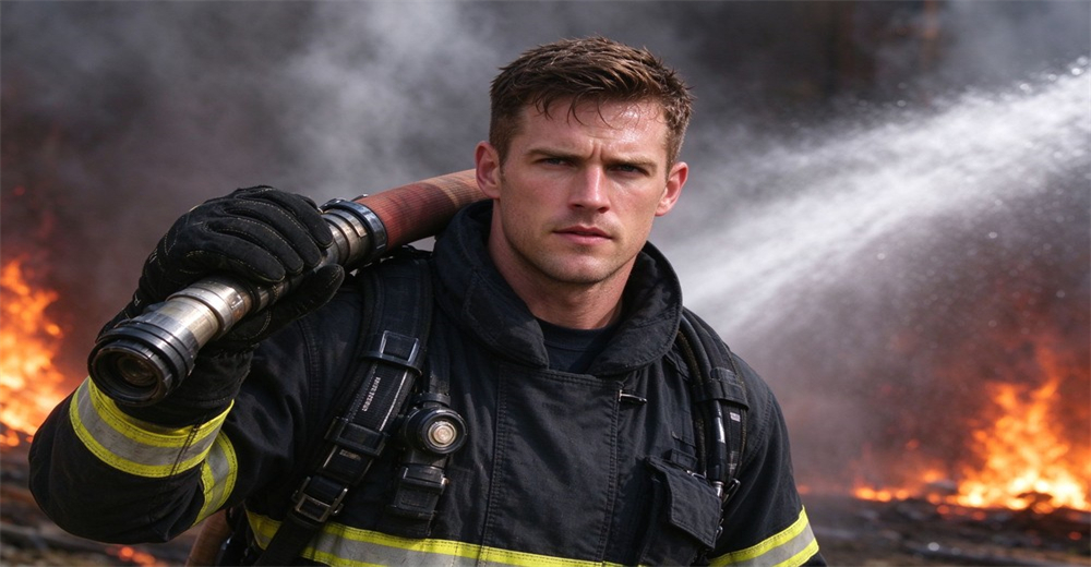 Firefighter wearing fire protective gloves carries fire hose during fire fighting operation Firefighter wearing fire protective gloves carries fire hose during fire fighting operation