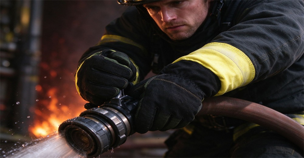 Firefighter with fire protective gloves grips fire nozzle and sprays water for fire suppression Firefighter with fire protective gloves grips fire nozzle and sprays water for fire suppression