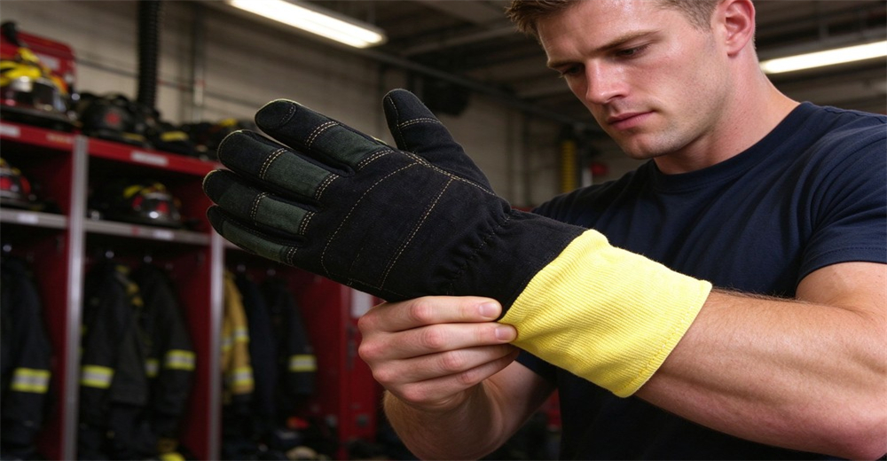 Person inspects fire protective glove with bright yellow cuff in equipment storage room Person inspects fire protective glove with bright yellow cuff in equipment storage room