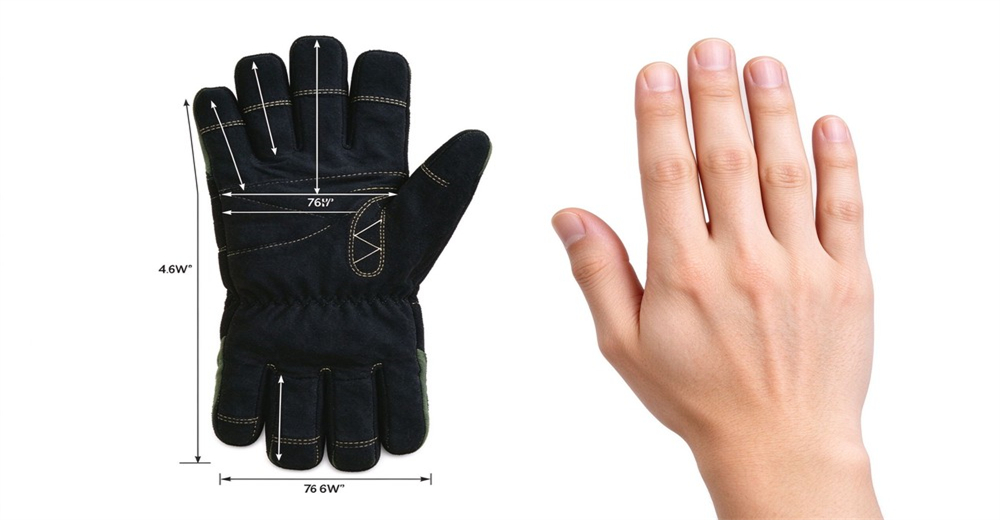 Size comparison diagram of fire protective glove next to human hand with dimension marks Size comparison diagram of fire protective glove next to human hand with dimension marks
