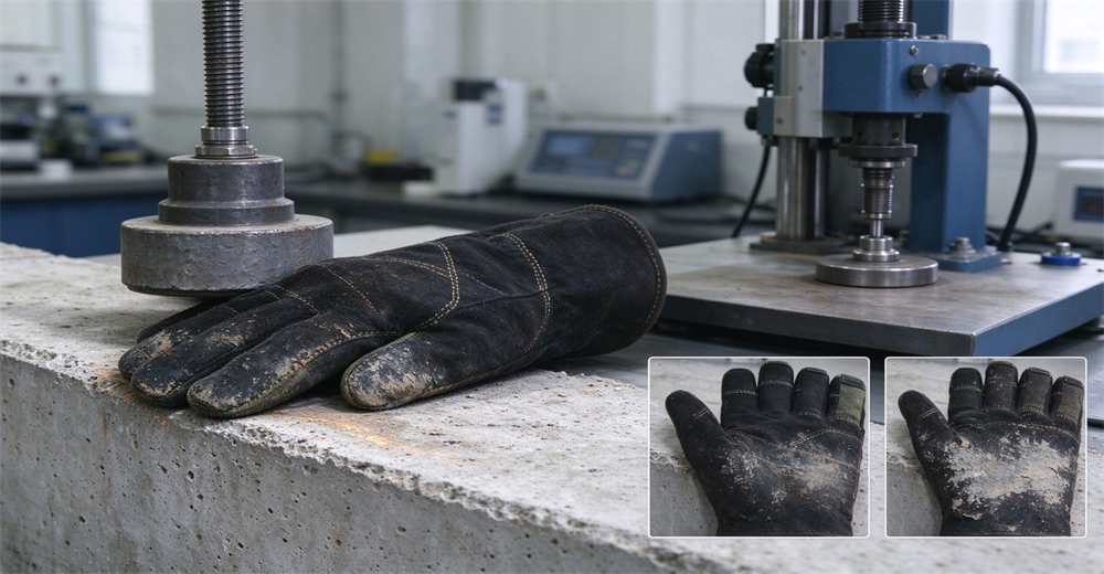 Fire protective glove placed on laboratory test bench for performance testing Fire protective glove placed on laboratory test bench for performance testing