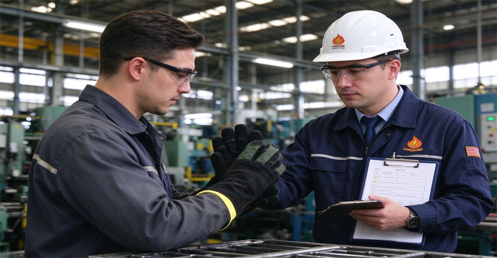 Two safety technicians in factory workshop check the fit and performance of fire protective glove while reviewing inspection documents Two safety technicians in factory workshop check the fit and performance of fire protective glove while reviewing inspection documents