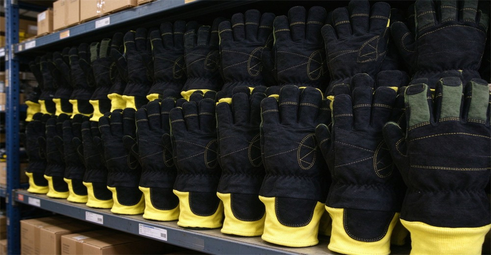 Neatly stacked batches of fire protective gloves with yellow cuffs arranged on warehouse storage racks Neatly stacked batches of fire protective gloves with yellow cuffs arranged on warehouse storage racks