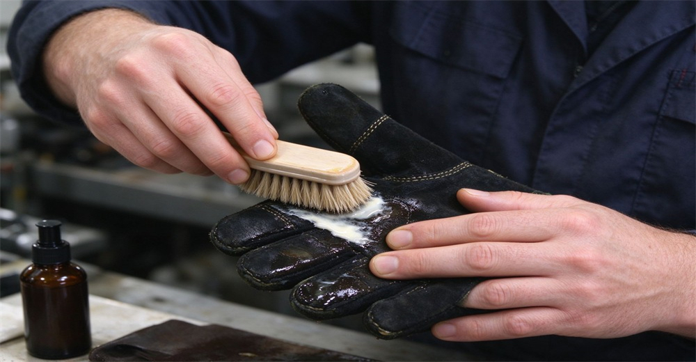 Worker uses soft bristle brush with cleaning agent to clean dirt and residue from surface of fire protective glove Worker uses soft bristle brush with cleaning agent to clean dirt and residue from surface of fire protective glove