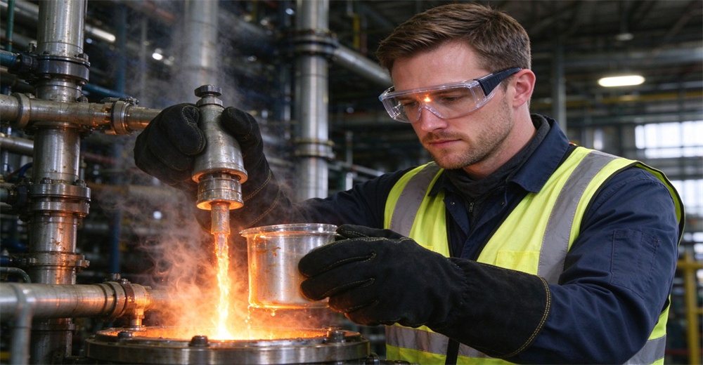 Factory worker wearing fire protective gloves and safety goggles operates equipment under high temperature thermal environment Factory worker wearing fire protective gloves and safety goggles operates equipment under high temperature thermal environment