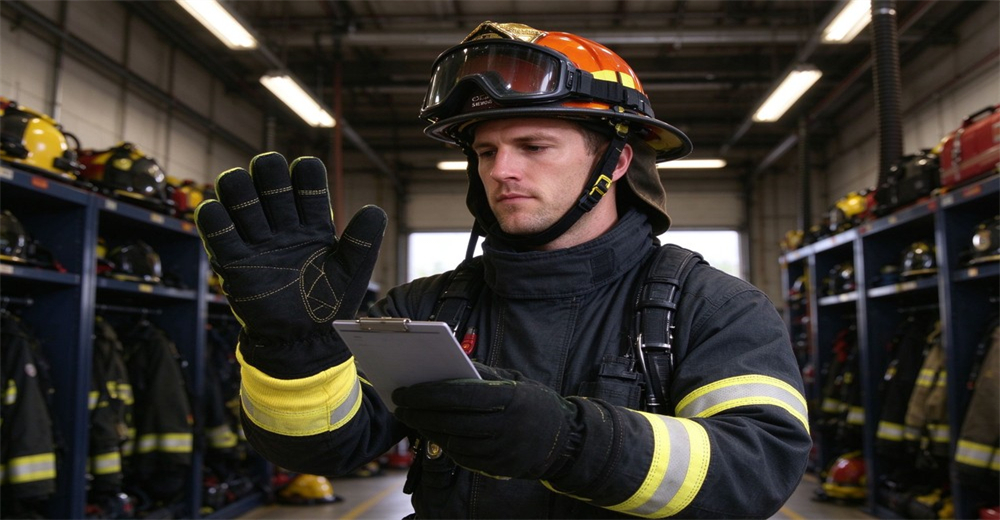 Firefighter wearing full protective turnout gear inspects fire protective glove while checking records on clipboard inside equipment storage room Firefighter wearing full protective turnout gear inspects fire protective glove while checking records on clipboard inside equipment storage room