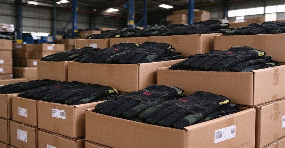 Boxes filled with fire protective gloves stacked inside warehouse ready for distribution Boxes filled with fire protective gloves stacked inside warehouse ready for distribution