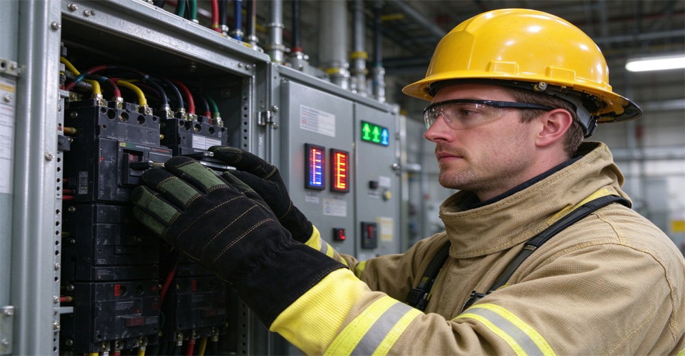 Technician with safety helmet and protective eyewear wears fire protective gloves to operate electrical switchgear Technician with safety helmet and protective eyewear wears fire protective gloves to operate electrical switchgear