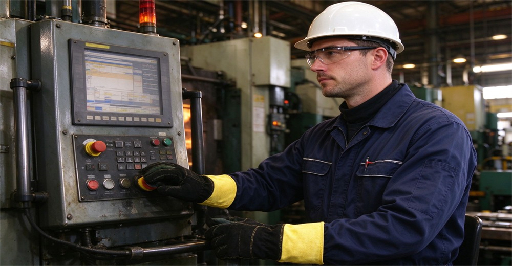 Factory operator wearing fire protective gloves and safety helmet adjusts control panel of industrial machine Factory operator wearing fire protective gloves and safety helmet adjusts control panel of industrial machine
