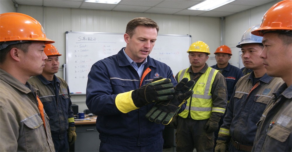 Instructor demonstrates fire protective gloves and explains protective features to workers during safety training session Instructor demonstrates fire protective gloves and explains protective features to workers during safety training session