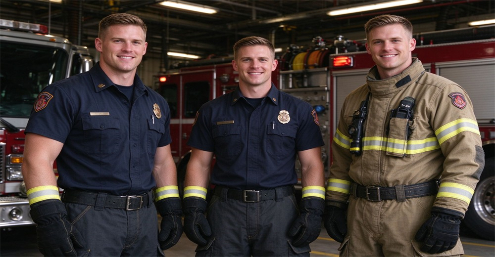 Three rescue staff equipped with fire protective gloves stand beside fire apparatus in equipment bay Three rescue staff equipped with fire protective gloves stand beside fire apparatus in equipment bay
