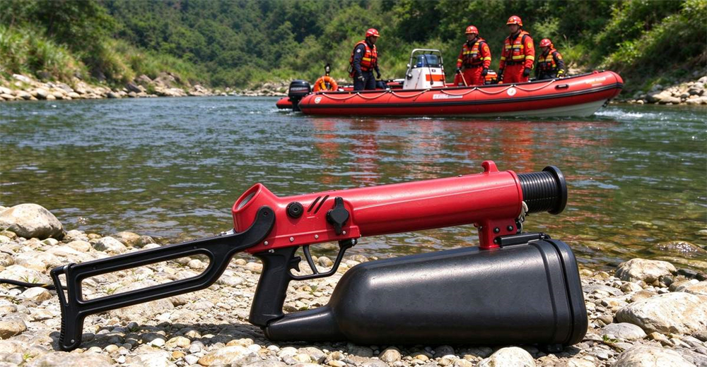 Red American pneumatic line thrower PTQ20-Y125S100 mounted on rocky riverbank ready for flood rescue rope launch operation in remote area Red American pneumatic line thrower PTQ20-Y125S100 mounted on rocky riverbank ready for flood rescue rope launch operation in remote area