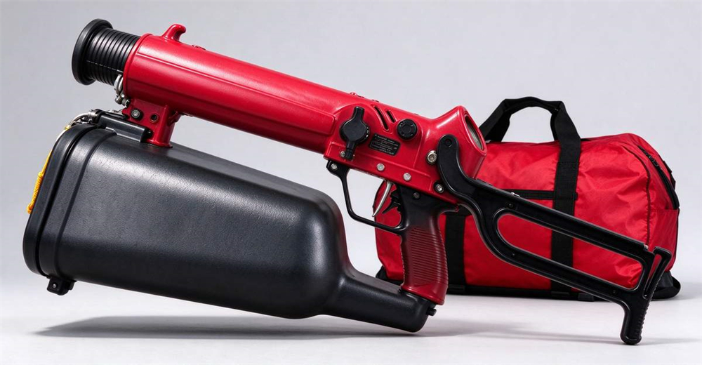 Red American style pneumatic line thrower with black cylinder and carrying handle side angle view showing product detail structure for rescue teams Red American style pneumatic line thrower with black cylinder and carrying handle side angle view showing product detail structure for rescue teams