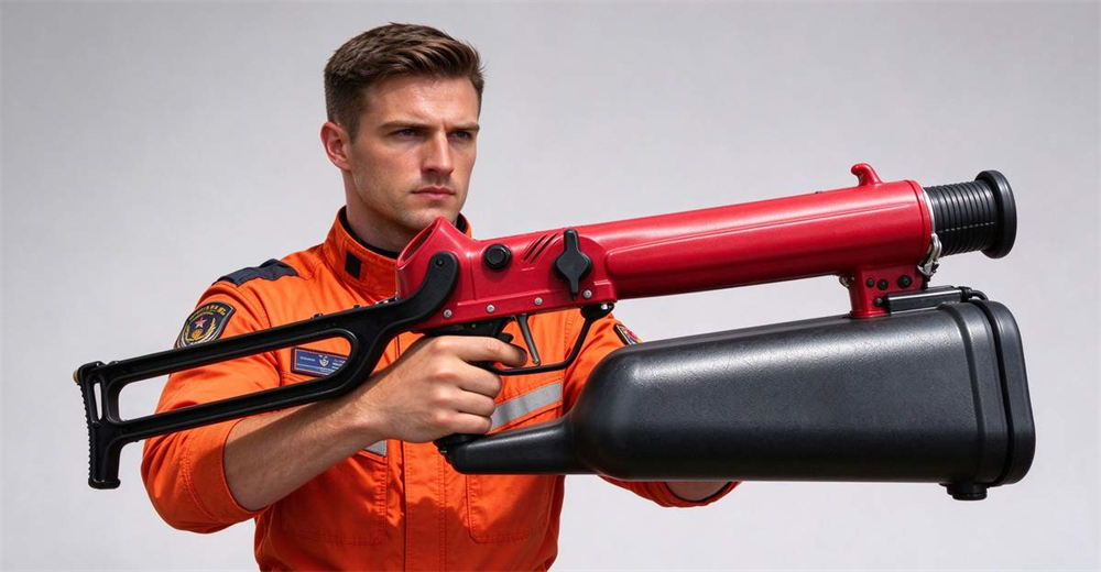 Caucasian male rescuer in orange uniform holding red pistol grip line pneumatic line thrower standing full body at riverside rescue point ready Caucasian male rescuer in orange uniform holding red pistol grip line pneumatic line thrower standing full body at riverside rescue point ready