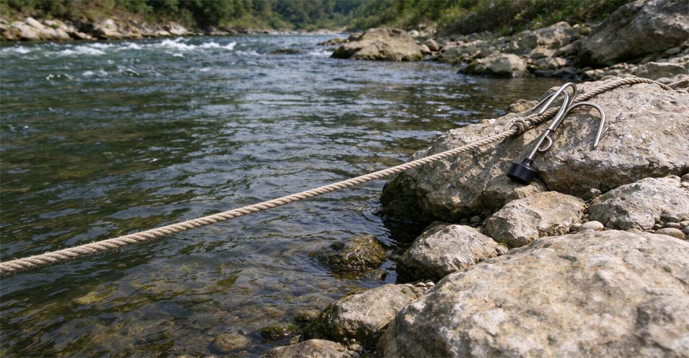 Red American pneumatic line thrower on rocky riverbank wide angle view showing long distance rope launch capability of rescue device Red American pneumatic line thrower on rocky riverbank wide angle view showing long distance rope launch capability of rescue device