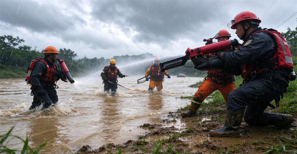 Red American pneumatic line thrower flood rescue scene with muddy water background showing emergency response operation action scene for rescue teams Red American pneumatic line thrower flood rescue scene with muddy water background showing emergency response operation action scene for rescue teams