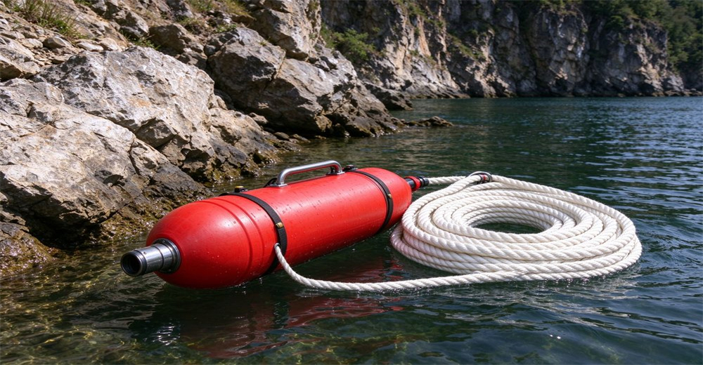 Red buoyant cartridge and white rope floating near rocky bank beside cliff for anchor hook pneumatic line thrower water rescue, clear water, cliff background Red buoyant cartridge and white rope floating near rocky bank beside cliff for anchor hook pneumatic line thrower water rescue, clear water, cliff background