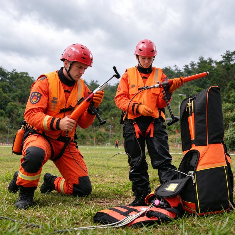 Two rescue operators inspect and assemble line throwing devices for water rescue training Two rescue operators inspect and assemble line throwing devices for water rescue training