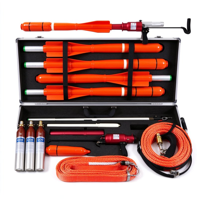 Complete line throwing rescue kit with projectiles CO2 cylinders and floating ropes stored in hard carry case Complete line throwing rescue kit with projectiles CO2 cylinders and floating ropes stored in hard carry case