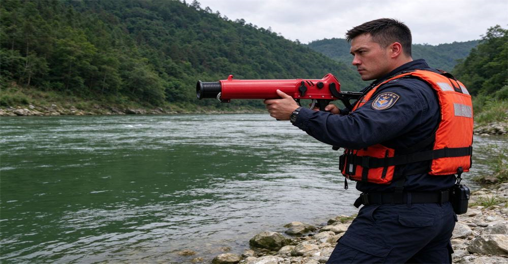 Rescuer firing pneumatic line thrower across green river during professional flood and river rescue operations across wide water gaps with reinforced materials tested for repeated rescue missions Rescuer firing pneumatic line thrower across green river during professional flood and river rescue operations across wide water gaps with reinforced materials tested for repeated rescue missions